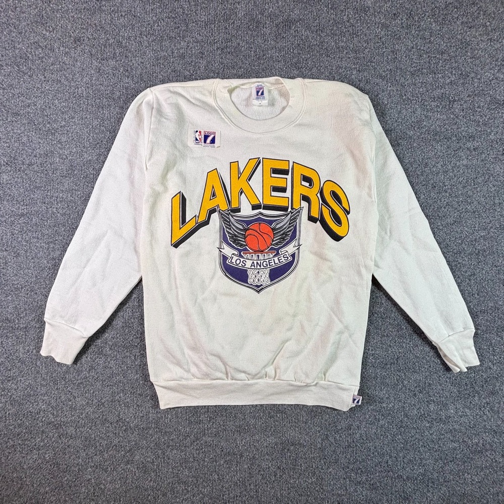 VTG Logo 7 Los Angeles Lakers Basketball Sweatshirt Men's M White Fleece-Lined
